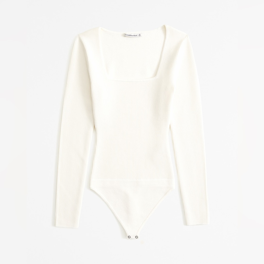A&F Long-Sleeve Ottoman Squareneck Bodysuit in Cream